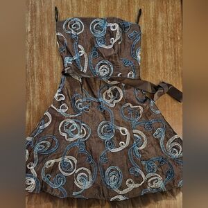 Jessica McClintock Brown Dress With Blue Ribbon Acdents Strapless Mini Formal 4